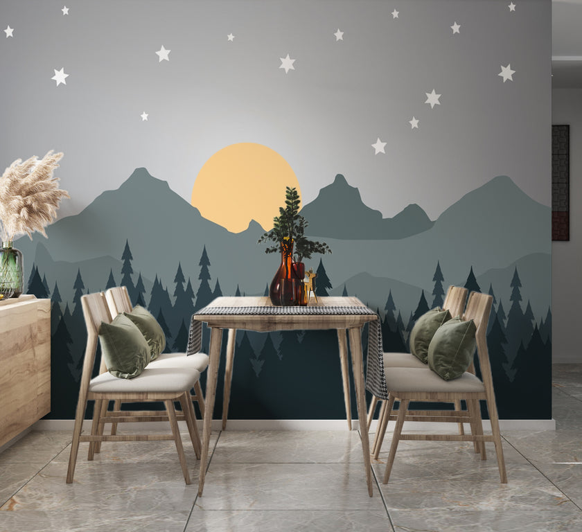 Minimal Çam Ormanı, Dağlar ve Yıldızlı Gece Duvar Kağıdı – uygulama görseli 3