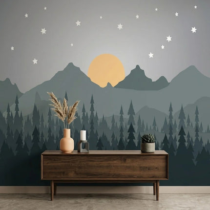 Minimal Çam Ormanı, Dağlar ve Yıldızlı Gece Duvar Kağıdı
