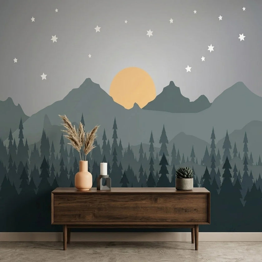 Minimal Çam Ormanı, Dağlar ve Yıldızlı Gece Duvar Kağıdı