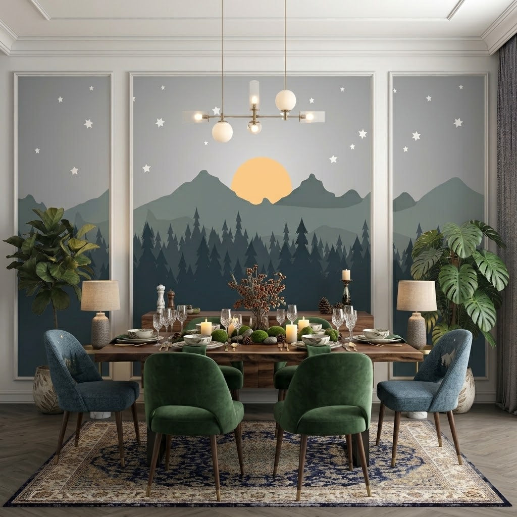 Minimal Çam Ormanı, Dağlar ve Yıldızlı Gece Çıtalı Duvar Kağıdı Seti