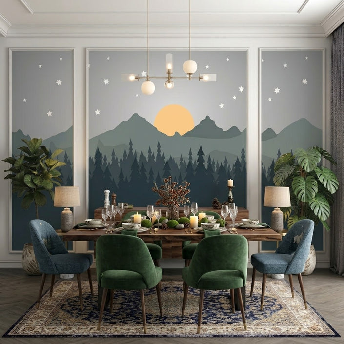 Minimal Çam Ormanı, Dağlar ve Yıldızlı Gece Çıtalı Duvar Kağıdı Seti