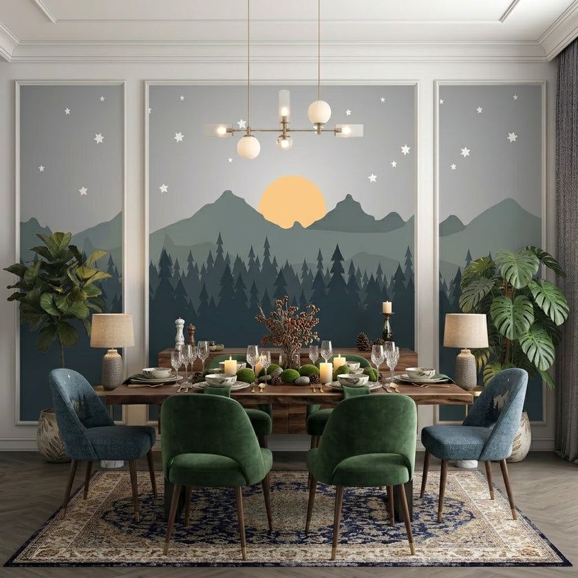 Minimal Çam Ormanı, Dağlar ve Yıldızlı Gece Çıtalı Duvar Kağıdı Seti