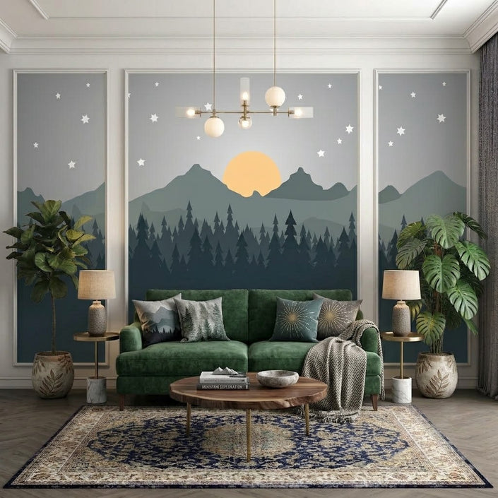 Minimal Çam Ormanı, Dağlar ve Yıldızlı Gece Çıtalı Duvar Kağıdı Seti – uygulama görseli 2