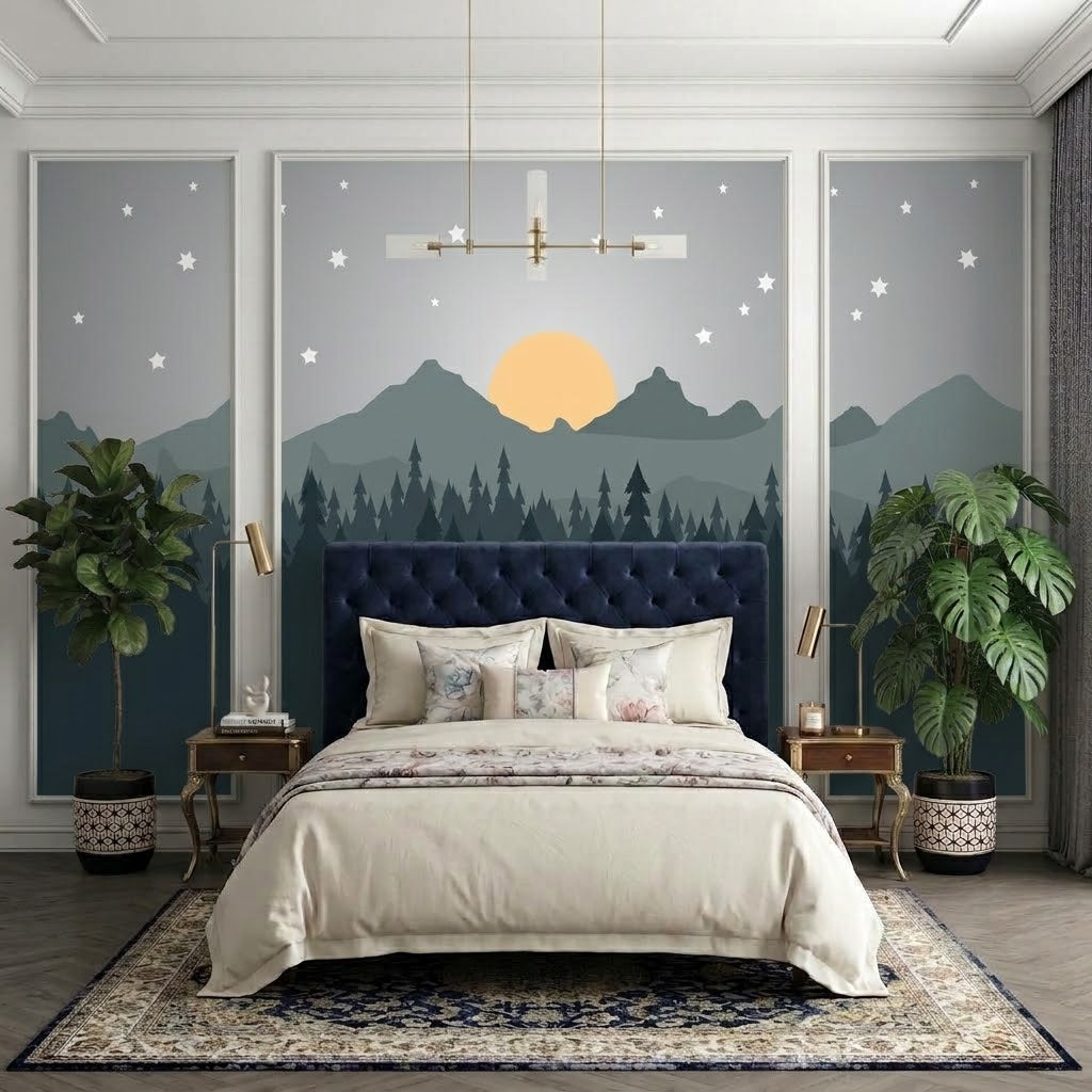 Minimal Çam Ormanı, Dağlar ve Yıldızlı Gece Çıtalı Duvar Kağıdı Seti – uygulama görseli 3