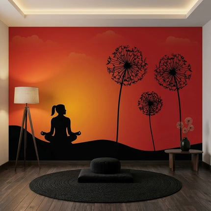 Gün Batımında Meditasyon ve Karahindiba Siluetleri Duvar Kağıdı
