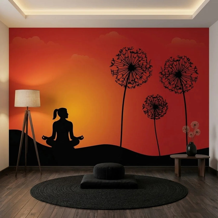 Gün Batımında Meditasyon ve Karahindiba Siluetleri Duvar Kağıdı