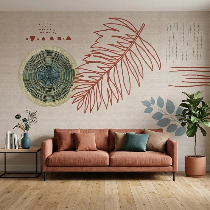 Boho Daire, Yaprak ve Çizgiler Duvar Kağıdı – Bej Fon