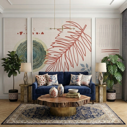 Boho Daire, Yaprak ve Çizgiler Çıtalı Duvar Kağıdı Seti