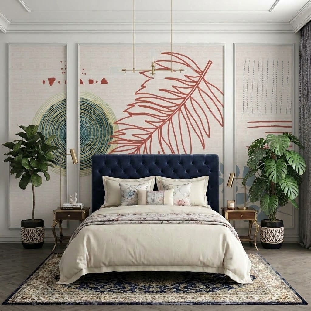 Boho Daire, Yaprak ve Çizgiler Çıtalı Duvar Kağıdı Seti – uygulama görseli 2