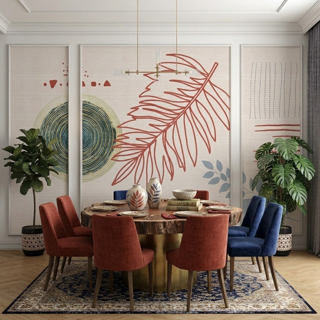 Boho Daire, Yaprak ve Çizgiler Çıtalı Duvar Kağıdı Seti – uygulama görseli 3