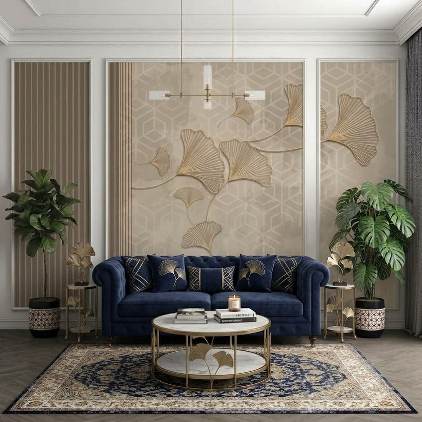 Altın Ginkgo Yaprakları ve Çizgili Panel Çıtalı Duvar Kağıdı Seti