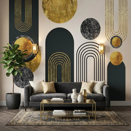 Altın ve Siyah Kemerler ve Daireler Geometrik Duvar Kağıdı