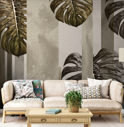 Monstera Yaprakları ve Dikey Çizgiler Duvar Kağıdı – uygulama görseli 2