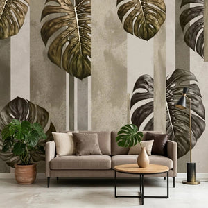 Monstera Yaprakları ve Dikey Çizgiler Duvar Kağıdı – Bej Fon