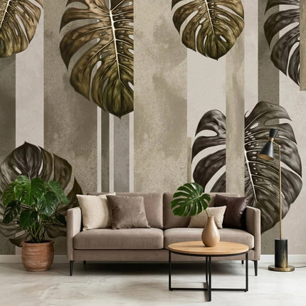 Monstera Yaprakları ve Dikey Çizgiler Duvar Kağıdı – Bej Fon