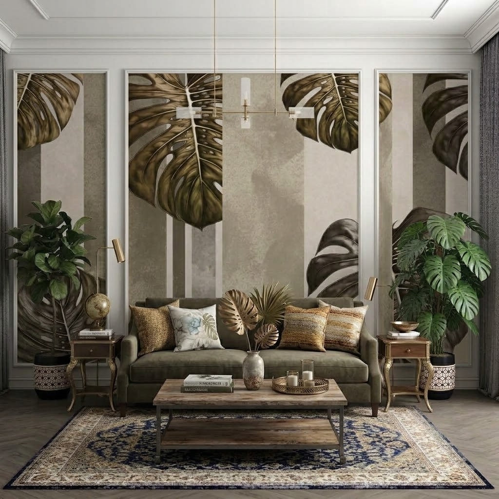 Monstera Yaprakları ve Dikey Çizgiler Çıtalı Duvar Kağıdı Seti