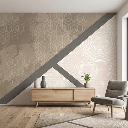Bej Geometrik Küpler ve Diyagonal Çizgi Duvar Kağıdı