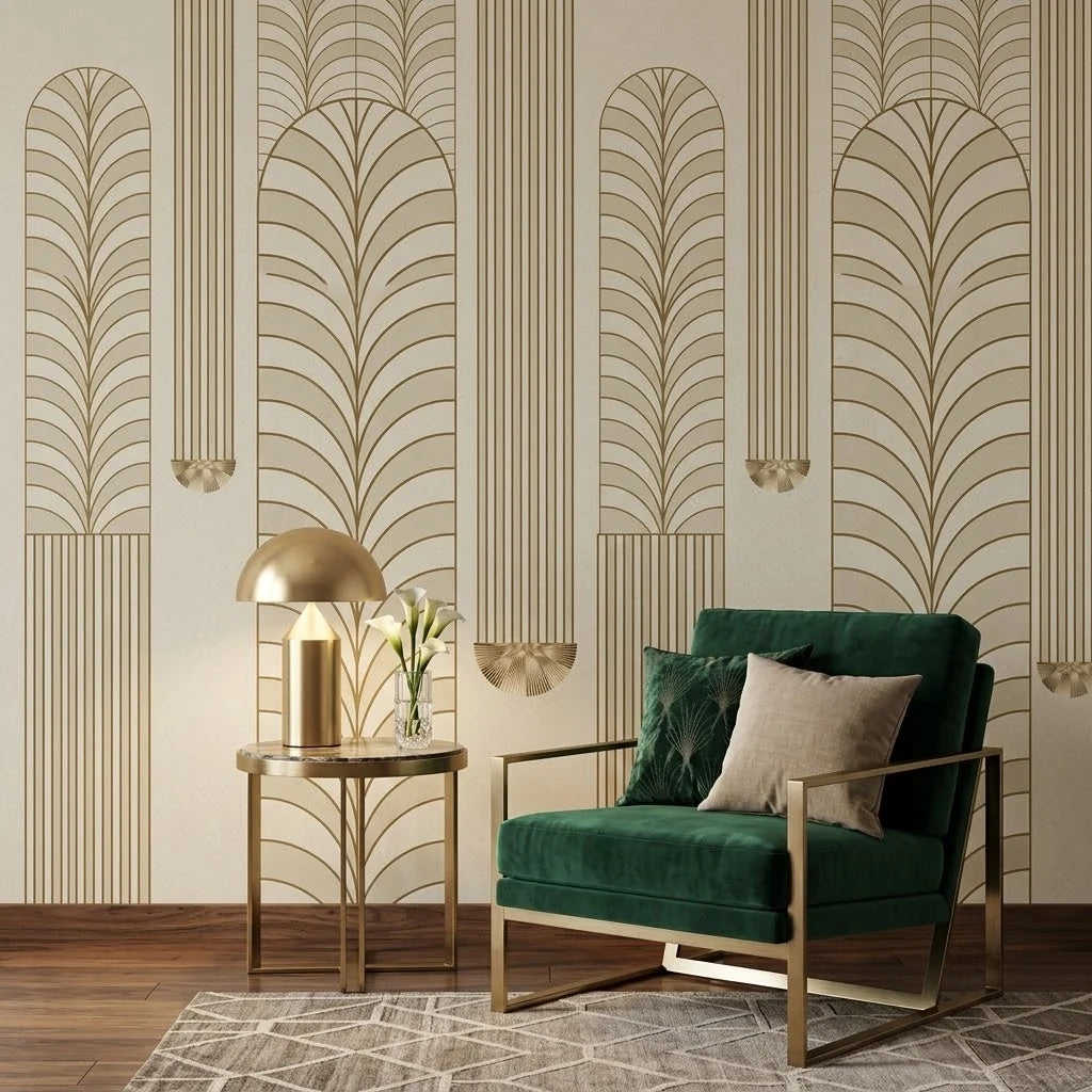 Art Deco Altın Kemerler ve Çizgiler Duvar Kağıdı – Krem Fon