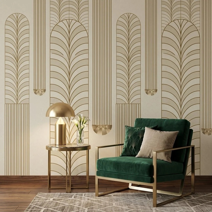 Art Deco Altın Kemerler ve Çizgiler Duvar Kağıdı – Krem Fon