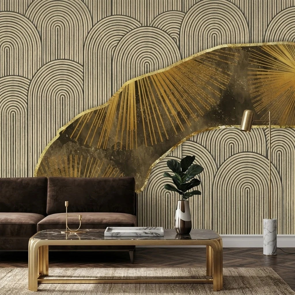 Altın Yaprak ve Art Deco Kemerler Duvar Kağıdı