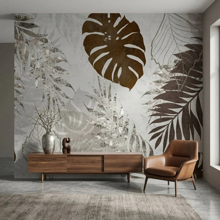 Kahverengi Monstera ve Gümüş Tropikal Yapraklar Duvar Kağıdı