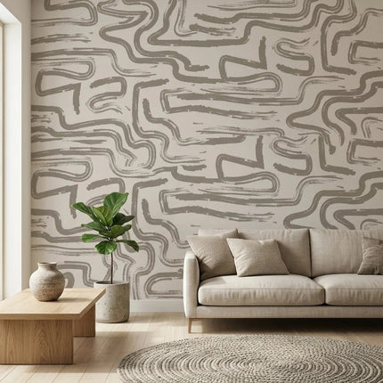 Gri Organik Fırça Çizgileri Duvar Kağıdı – Krem Fon