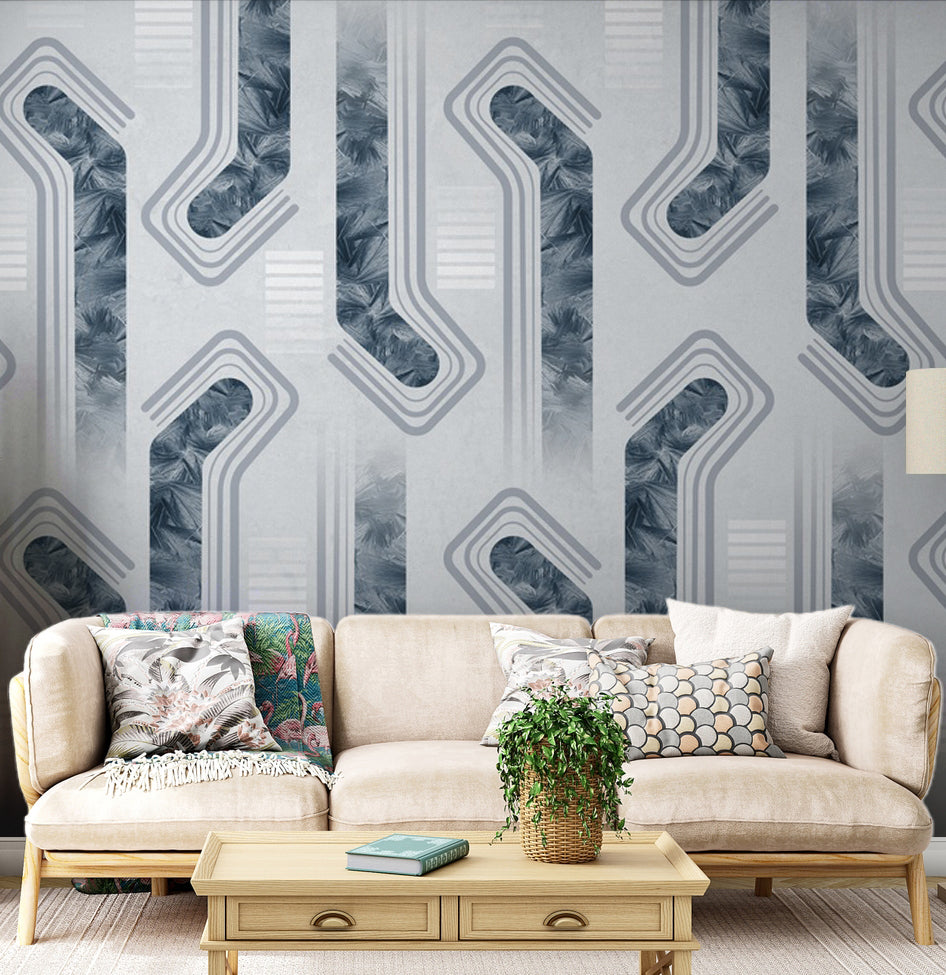 Mavi Gri Modern Geometrik Desenli Duvar Kağıdı – uygulama görseli 2