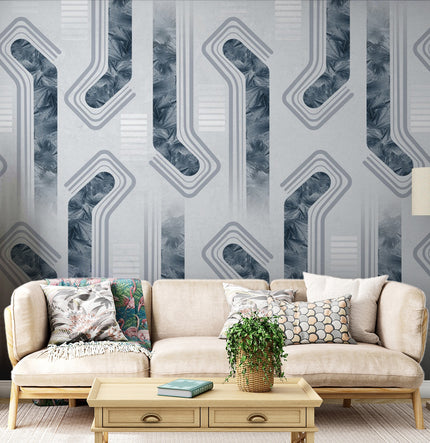 Mavi Gri Modern Geometrik Desenli Duvar Kağıdı – uygulama görseli 2