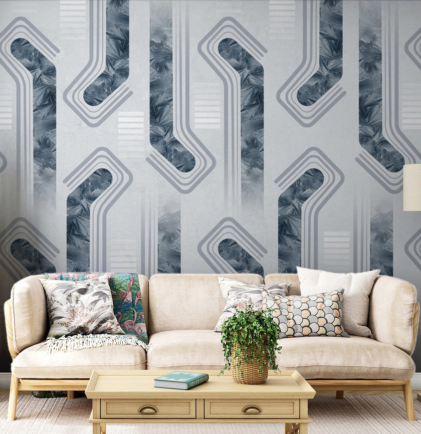 Mavi Gri Modern Geometrik Desenli Duvar Kağıdı – uygulama görseli 2