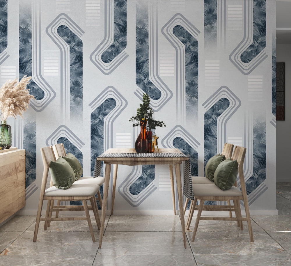 Mavi Gri Modern Geometrik Desenli Duvar Kağıdı – uygulama görseli 3