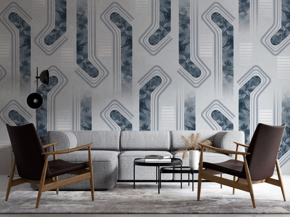 Mavi Gri Modern Geometrik Desenli Duvar Kağıdı – uygulama görseli 4