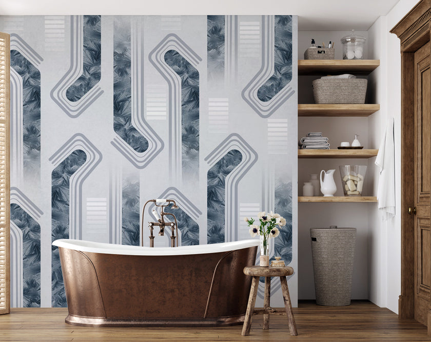 Mavi Gri Modern Geometrik Desenli Duvar Kağıdı – uygulama görseli 7