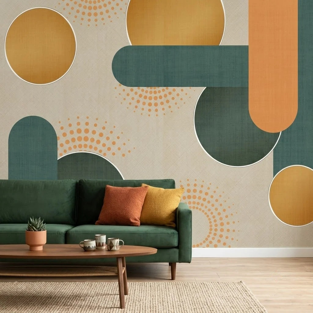 Retro Geometrik Formlar ve Noktalar Duvar Kağıdı – Yeşil Turuncu