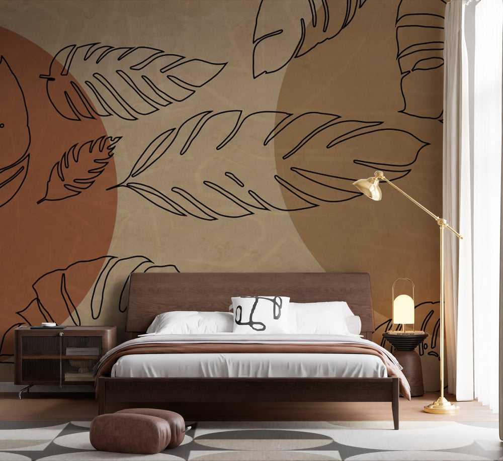 Boho Çizgi Yapraklar ve Kiremit Formlar Duvar Kağıdı – uygulama görseli 5