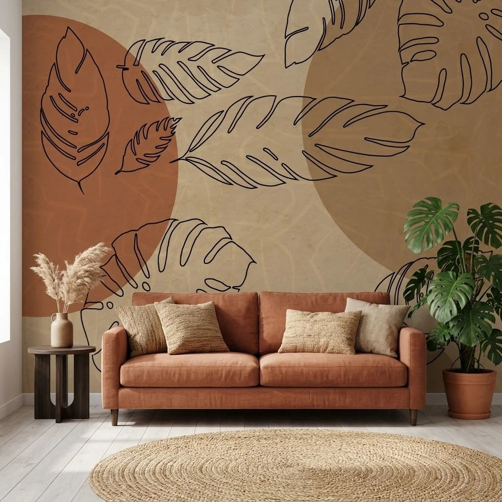 Boho Çizgi Yapraklar ve Kiremit Formlar Duvar Kağıdı