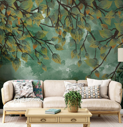 Yeşil Mürekkep Tarzı Dağlar ve Sarkan Dallar Duvar Kağıdı – uygulama görseli 2