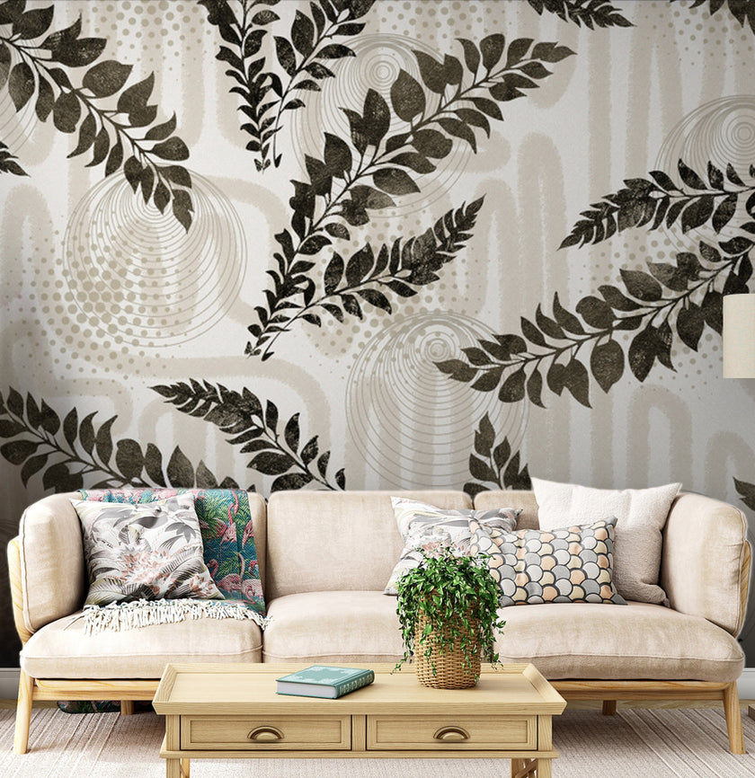 Siyah Yaprak Dalları ve Boho Desenler Duvar Kağıdı – uygulama görseli 2