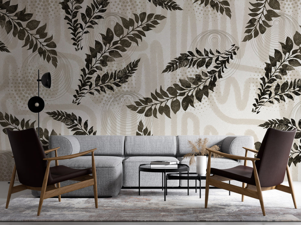 Siyah Yaprak Dalları ve Boho Desenler Duvar Kağıdı – uygulama görseli 4
