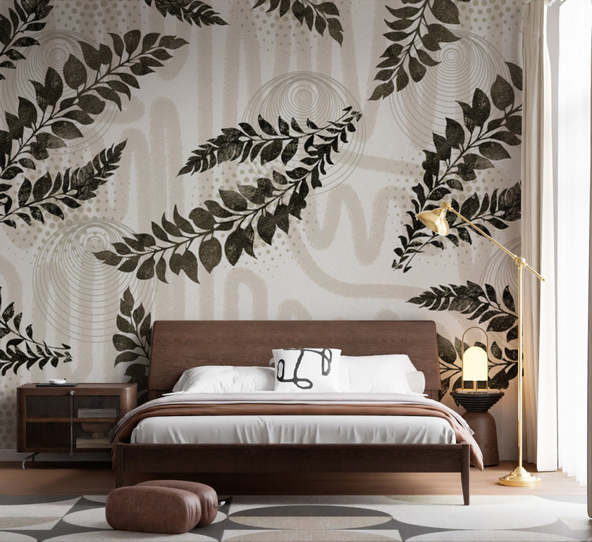 Siyah Yaprak Dalları ve Boho Desenler Duvar Kağıdı – uygulama görseli 5