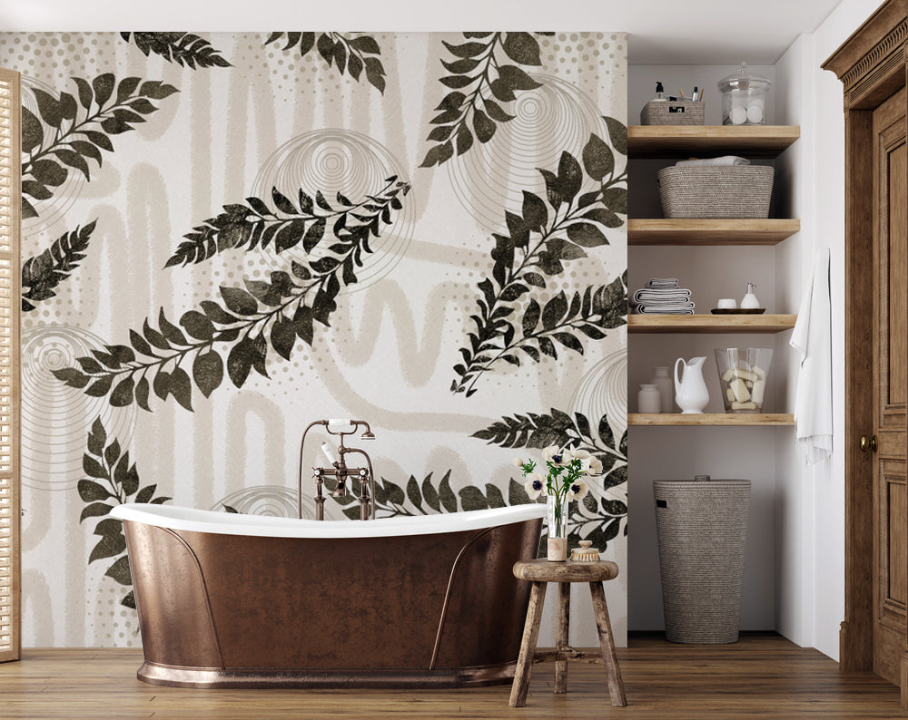 Siyah Yaprak Dalları ve Boho Desenler Duvar Kağıdı – uygulama görseli 7