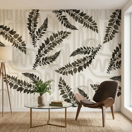 Siyah Yaprak Dalları ve Boho Desenler Duvar Kağıdı – Krem Fon