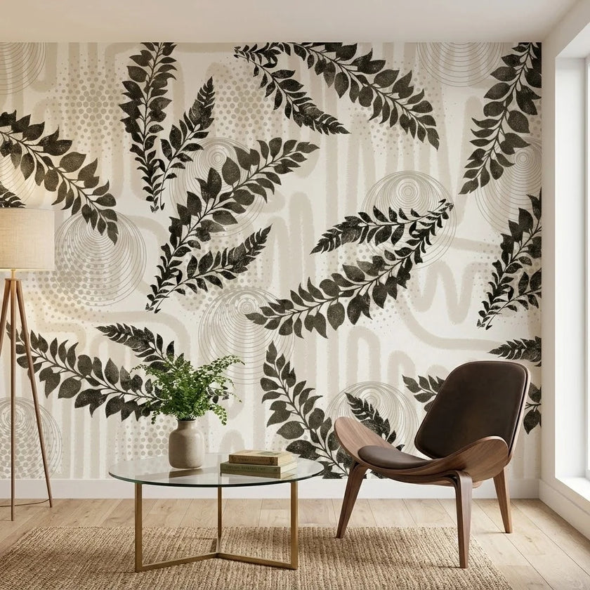 Siyah Yaprak Dalları ve Boho Desenler Duvar Kağıdı – Krem Fon