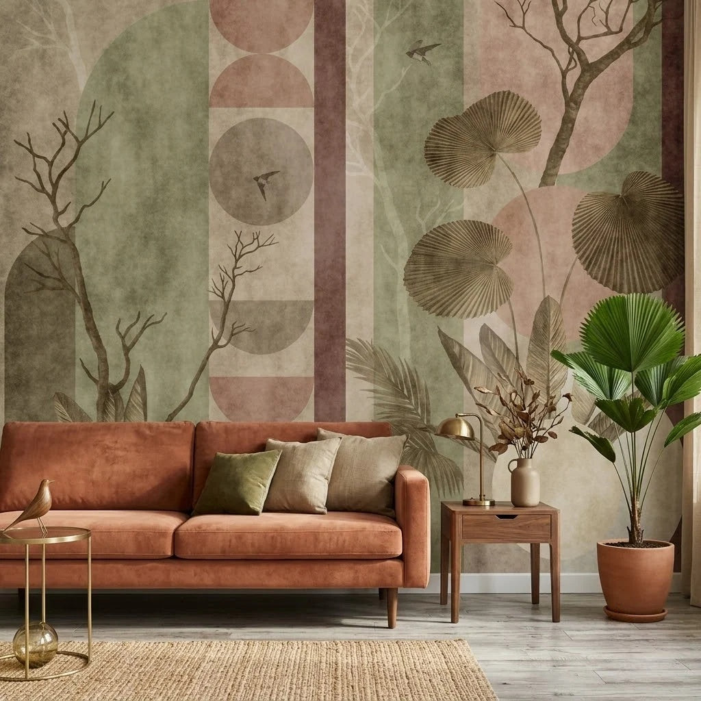Boho Paneller, Ağaç ve Yapraklar Duvar Kağıdı – Yeşil ve Pudra