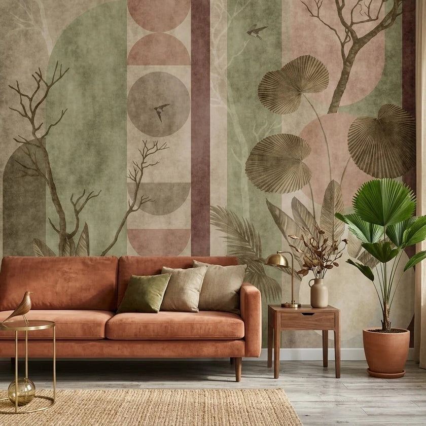 Boho Paneller, Ağaç ve Yapraklar Duvar Kağıdı – Yeşil ve Pudra