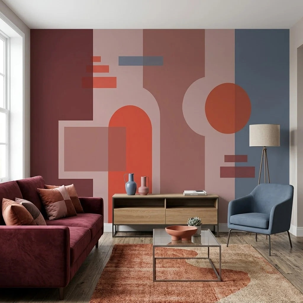 Retro Geometrik Formlar Duvar Kağıdı – Bordo, Pembe ve Mavi