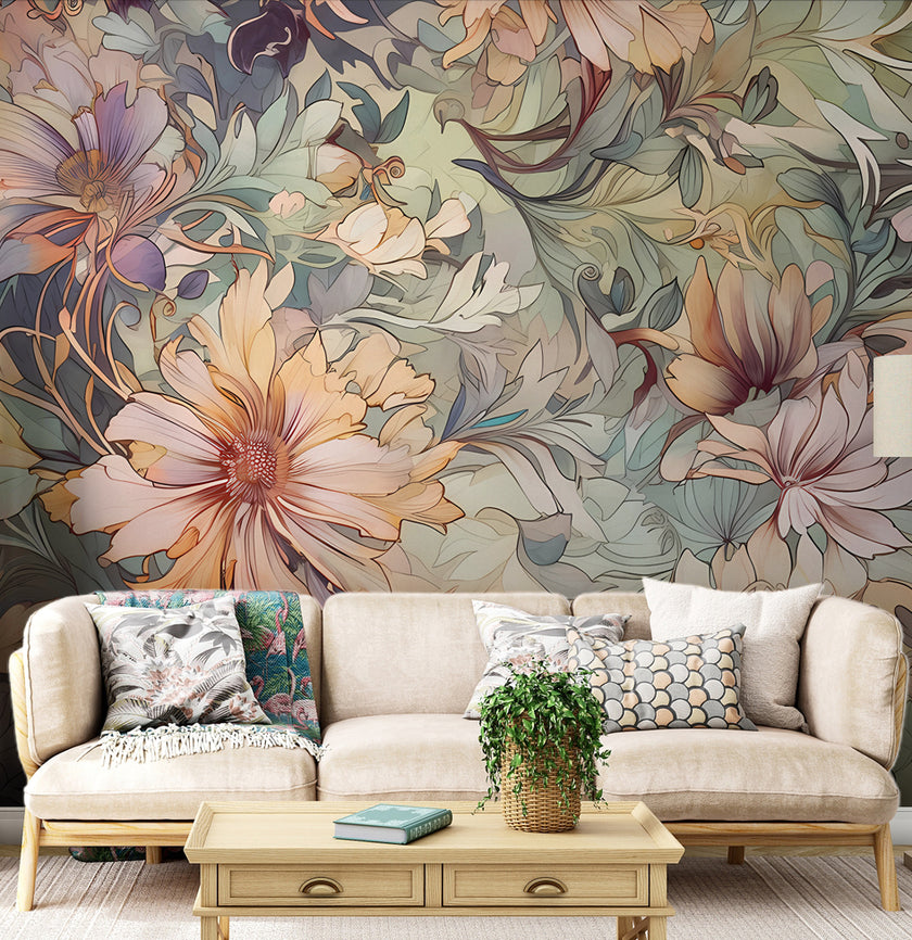 Art Nouveau Pastel Çiçekler Desenli Duvar Kağıdı – uygulama görseli 2