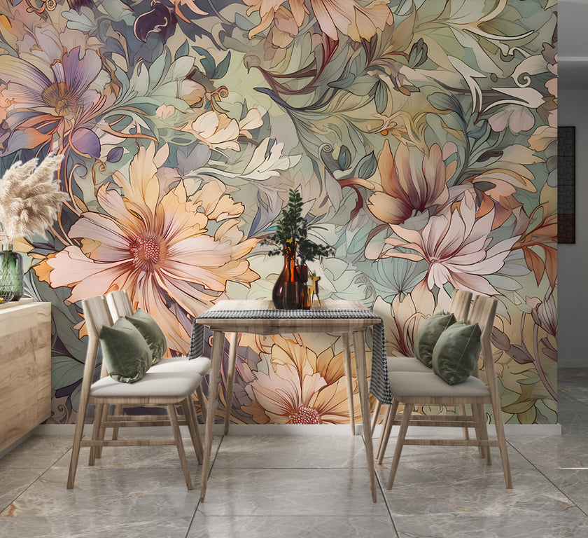 Art Nouveau Pastel Çiçekler Desenli Duvar Kağıdı – uygulama görseli 3