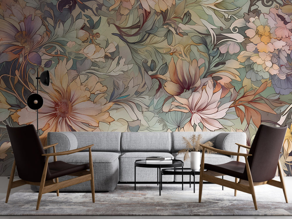 Art Nouveau Pastel Çiçekler Desenli Duvar Kağıdı – uygulama görseli 4
