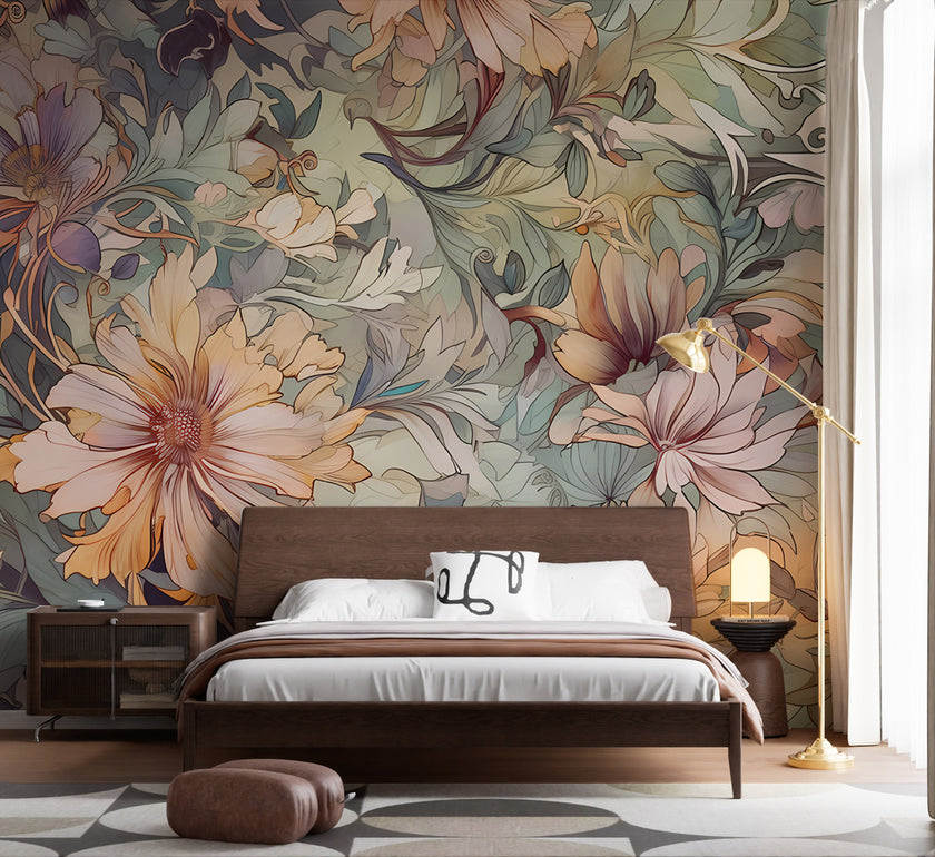 Art Nouveau Pastel Çiçekler Desenli Duvar Kağıdı – uygulama görseli 6