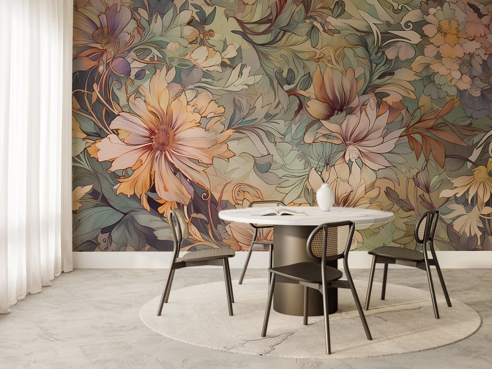Art Nouveau Pastel Çiçekler Desenli Duvar Kağıdı – uygulama görseli 7